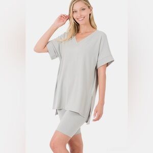 Zenana Full Size V-Neck Short Sleeve Slit T-Shirt and Shorts Set